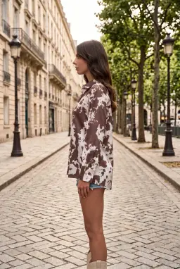 Women's Brown Tie-Dye Print Satin Button-Down Long Sleeve Shirt