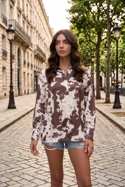 Women's Brown Tie-Dye Print Satin Button-Down Long Sleeve Shirt