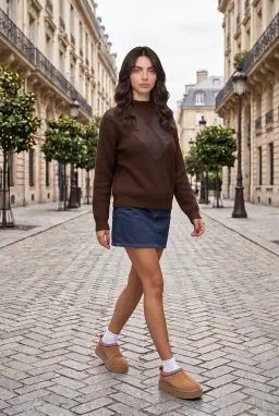 Pull en Maille Pointelle Marron Détail en V pour Femme - Taille STD