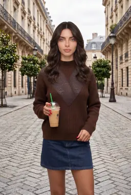 Pull en Maille Pointelle Marron Détail en V pour Femme - Taille STD