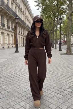 Women's Brown Zip-Up Tracksuit Set