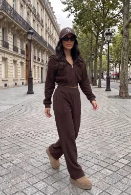 Women's Brown Zip-Up Tracksuit Set