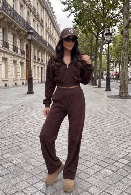 Women's Brown Zip-Up Tracksuit Set