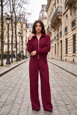 Completo Donna Bordeaux con Giacca con Zip e Pantaloni Palazzo