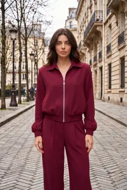 Completo Donna Bordeaux con Giacca con Zip e Pantaloni Palazzo