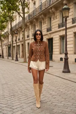 Veste Militaire Femme en Faux Daim Camel avec Boutons