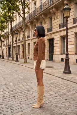 Veste Militaire Femme en Faux Daim Camel avec Boutons