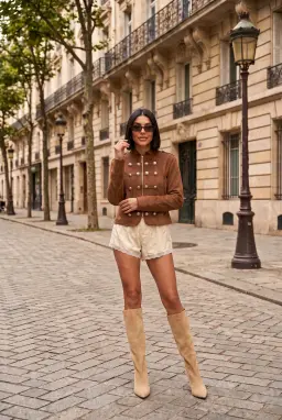 Veste Militaire Femme en Faux Daim Camel avec Boutons