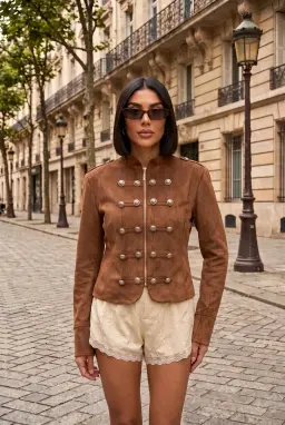 Veste Militaire Femme en Faux Daim Camel avec Boutons