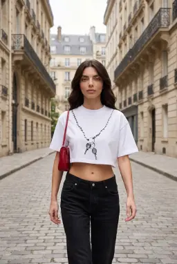 Camiseta Corta Mujer Estampado Cadena Algodón Corte Relajado — Blanco