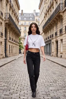 Camiseta Corta Mujer Estampado Cadena Algodón Corte Relajado — Blanco