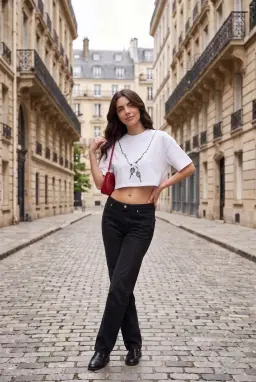 Camiseta Corta Mujer Estampado Cadena Algodón Corte Relajado — Blanco