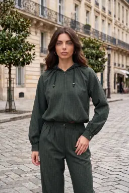 Women's Checked Balloon 2-Piece Set Hooded Zip-Up Tracksuit Multi