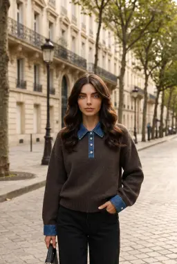 Suéter de malha feminina com gola polo jeans castanha