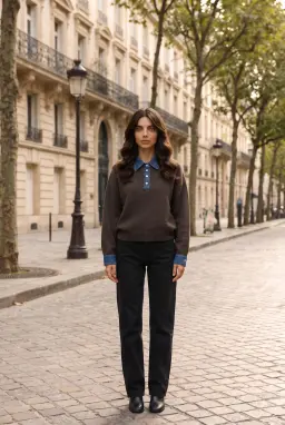 Suéter de malha feminina com gola polo jeans castanha