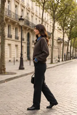 Suéter de malha feminina com gola polo jeans castanha