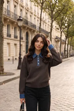 Suéter de malha feminina com gola polo jeans castanha