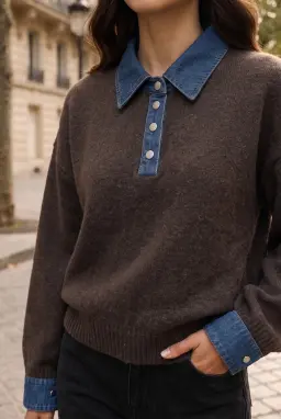 Suéter de malha feminina com gola polo jeans castanha