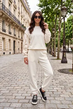 Damen Ecru Loungewear Set mit Fallschirmeinsatz-Ärmeln