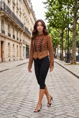 Chaqueta Militar de Mujer de Ante Sintético Marrón Bordada