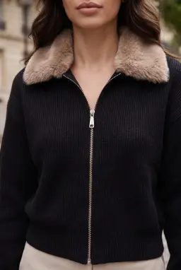 Suéter de malha com fecho e gola de pelo sintético para mulher — Preto