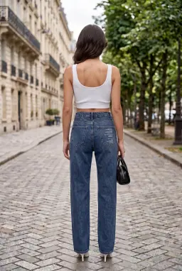 Calças Jeans Cintura Subida Algodão Estampado Texto Azul