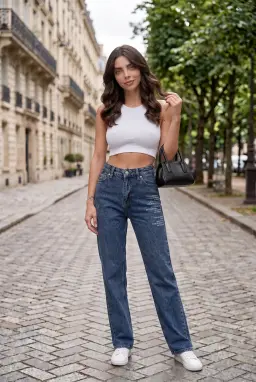 Calças Jeans Cintura Subida Algodão Estampado Texto Azul