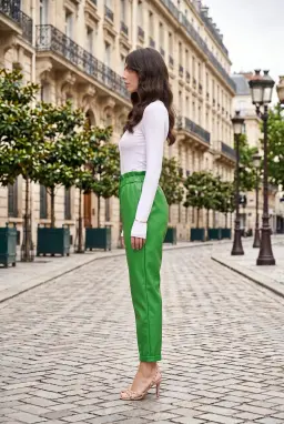 Quần Baggy Da Pu Nữ Màu Xanh Lá Lưng Cao Cạp Chun