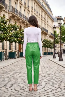 Quần Baggy Da Pu Nữ Màu Xanh Lá Lưng Cao Cạp Chun