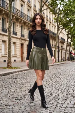 Dames Groene Kunstleren Flared Minirok met Studs en Rits aan de Voorkant
