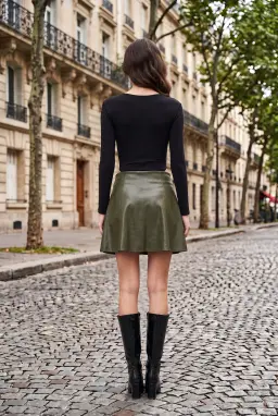 Dames Groene Kunstleren Flared Minirok met Studs en Rits aan de Voorkant