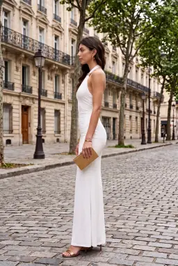 Damen Neckholder Stretch Maxikleid ohne Ärmel mit Metalldetail — Weiß