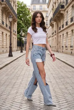 Calças Jeans Largas Cintura Alta com Aberturas 100% Algodão Azul Mulher