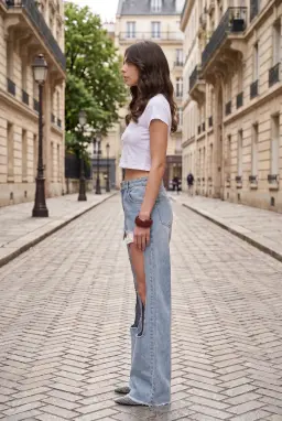 Calças Jeans Largas Cintura Alta com Aberturas 100% Algodão Azul Mulher