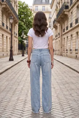 Calças Jeans Largas Cintura Alta com Aberturas 100% Algodão Azul Mulher