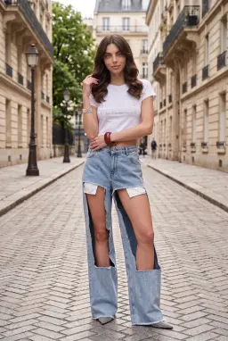 Calças Jeans Largas Cintura Alta com Aberturas 100% Algodão Azul Mulher
