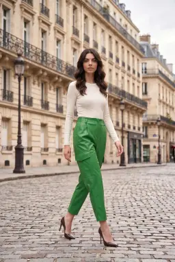 Damen High Waist Kunstleder Cargo Karottenhose Grün