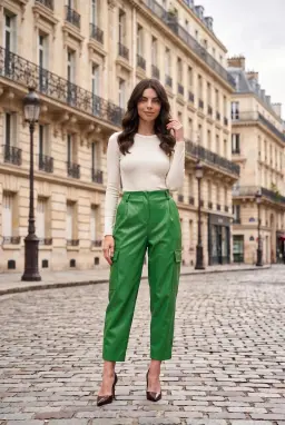 Damen High Waist Kunstleder Cargo Karottenhose Grün