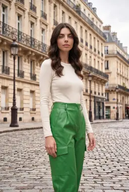 Damen High Waist Kunstleder Cargo Karottenhose Grün