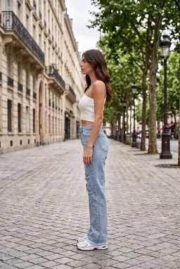 Calças Jeans Largas Cintura Alta Rasgadas Mulher 100% Algodão — Azul