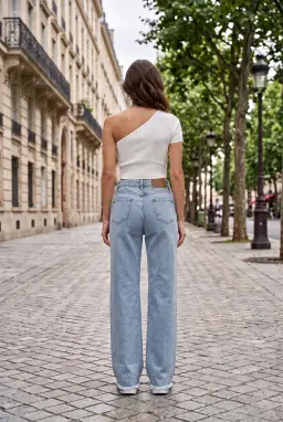 Calças Jeans Largas Cintura Alta Rasgadas Mulher 100% Algodão — Azul