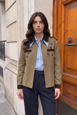 Damen Khaki Bestickte Jacke mit Kontrastkragen