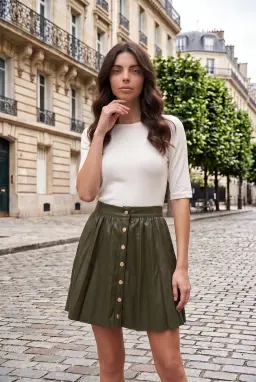 Ausgestellter Khaki Kunstleder-Minirock mit Druckknöpfen für Damen
