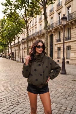 Dames Kaki Polkadot Oversized Korte Jas met Opstaande Kraag