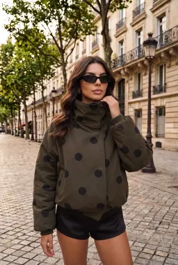 Dames Kaki Polkadot Oversized Korte Jas met Opstaande Kraag