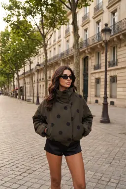 Dames Kaki Polkadot Oversized Korte Jas met Opstaande Kraag