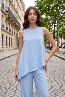 Damen Hellblaues 2-Teiliges Set Asymmetrische Tunika & Weite Hose