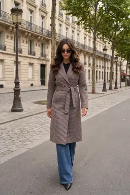 Abrigo Largo de Cuadros con Cinturón para Mujer - Multicolor