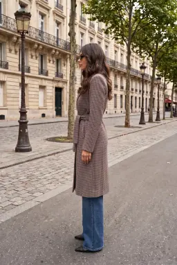 Abrigo Largo de Cuadros con Cinturón para Mujer - Multicolor
