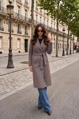 Abrigo Largo de Cuadros con Cinturón para Mujer - Multicolor